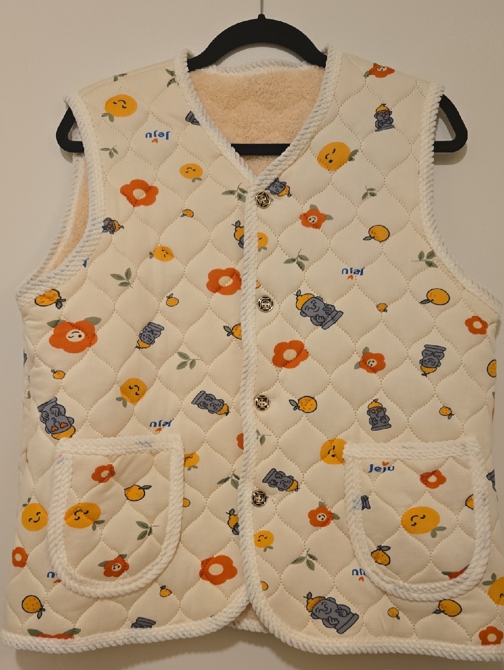 Korean Kimjang Cream Quilted Vest with Jeju Orange Flower Print